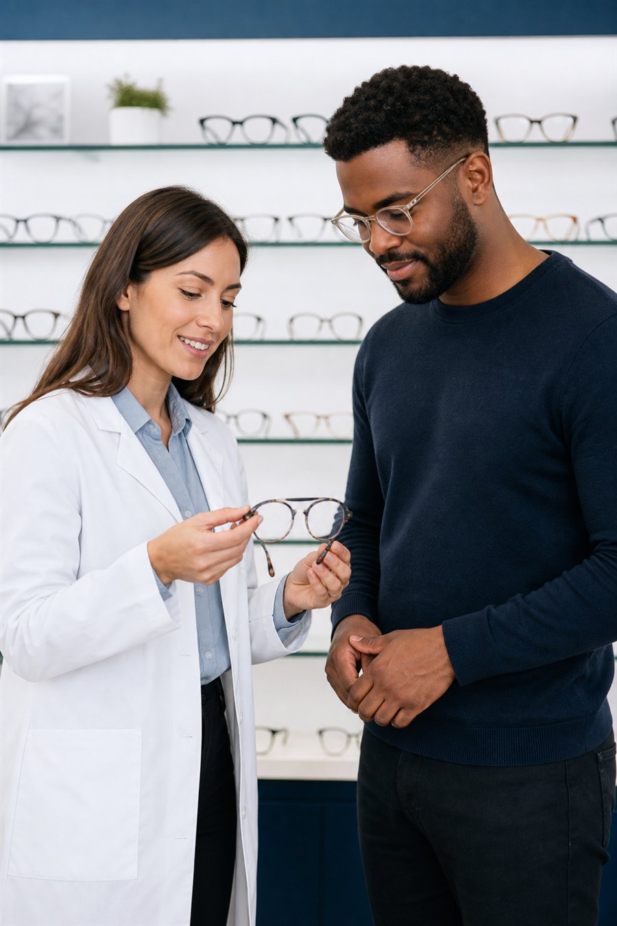 Profesional asesorando a un cliente sobre anteojos