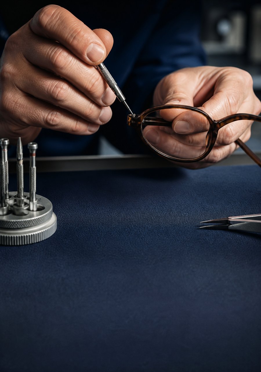 Reparación de anteojos con herramientas de precisión